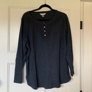 CJ Banks Dark Blue Crochet Button Top